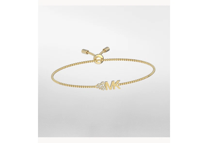 MICHAEL KORS Gold Tone Pave Heart MK Logo Slider Bracelet 
