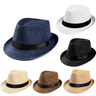 Unisex Summer Straw Fedora Hat Trilby Cuban Sun Cap Panama Short Brim Lot