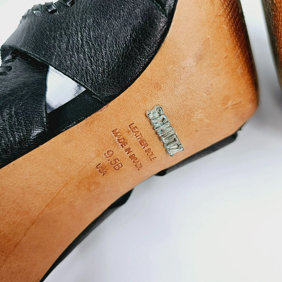 Schutz Lenna Heels 9.5 B Black Leather Strappy Caged Cut Out Lace Up Open Toe - Image 2 of 4