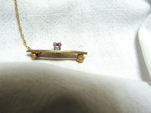 Antique 10K GF Enamel H S Pin Red Stone Chained 6 or 9 High School? Lovely! - Picture 3 of 7