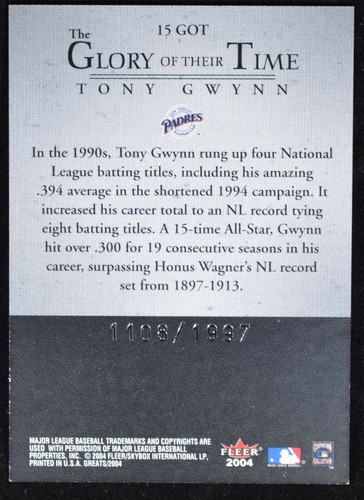 2004 Greats of the Game Glory of Their Time #15 Tony Gwynn/1997 #d - Picture 2 of 2