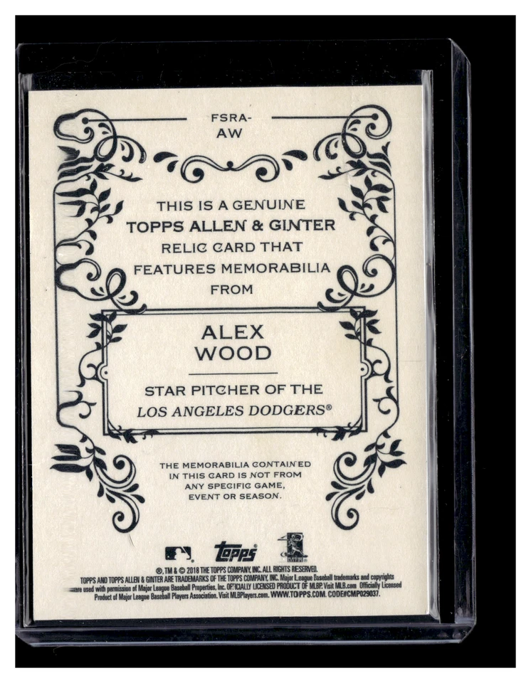 2018 Topps Allen & Ginter Full-Size Relics #FSRA-AW Alex Wood MEM - Image 2 of 2