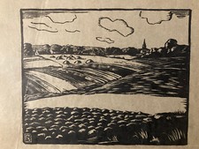 Beautiful Woodcut Ink Landscape Village Monogram FS 1960 To Identify Art