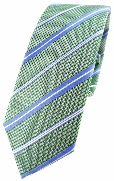 Schmale Tigertie Designer Seidenkrawatte In GrüN Blau Silberweiss Gestreift-image