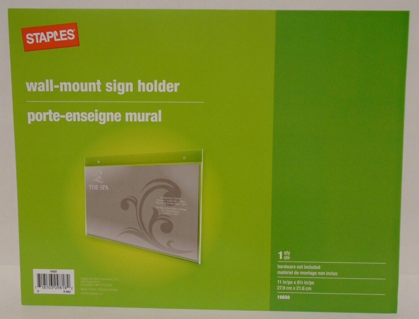 Staples WallMount Plastic Sign Holder 16650 Holds 11” x 8.5” Sign
