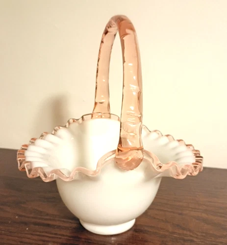 Vintage Fenton Rose Crest 8 Inch Handled Basket YOP 1944 - 1947