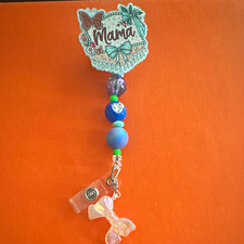 Mama Beaded ID Badge Reel Holder Belt Clip, Floral Butterfly, Blue Purple