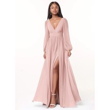 AZAZIE Norah Blush Pink Long Sleeve Chiffon Bridesmaid Dress Custom Size 8-10