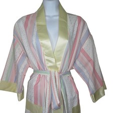 Vintage Appel Womens Pastel Striped Robe Satin Trim Belt Small USA Union Tag