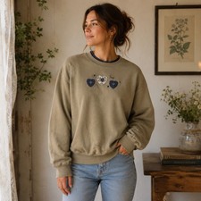 Top Stitch by Morning Sun Vintage Heart Floral Embroidered Sweatshirt Tan Medium