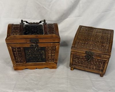Wood Rattan Trinket Boxes Set of 2 Decorative Storage Jewelry Treasure Chests
