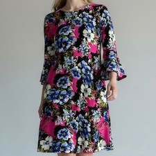 Tommy Hilfiger Shift Dress Pink Blue Floral Bell Sleeve Women's Sz Lg Mod Retro