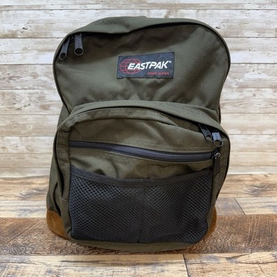 Vtg 90s EASTPAK LEATHER-BOTTOM BACKPACK Green/Brown Hike Back To