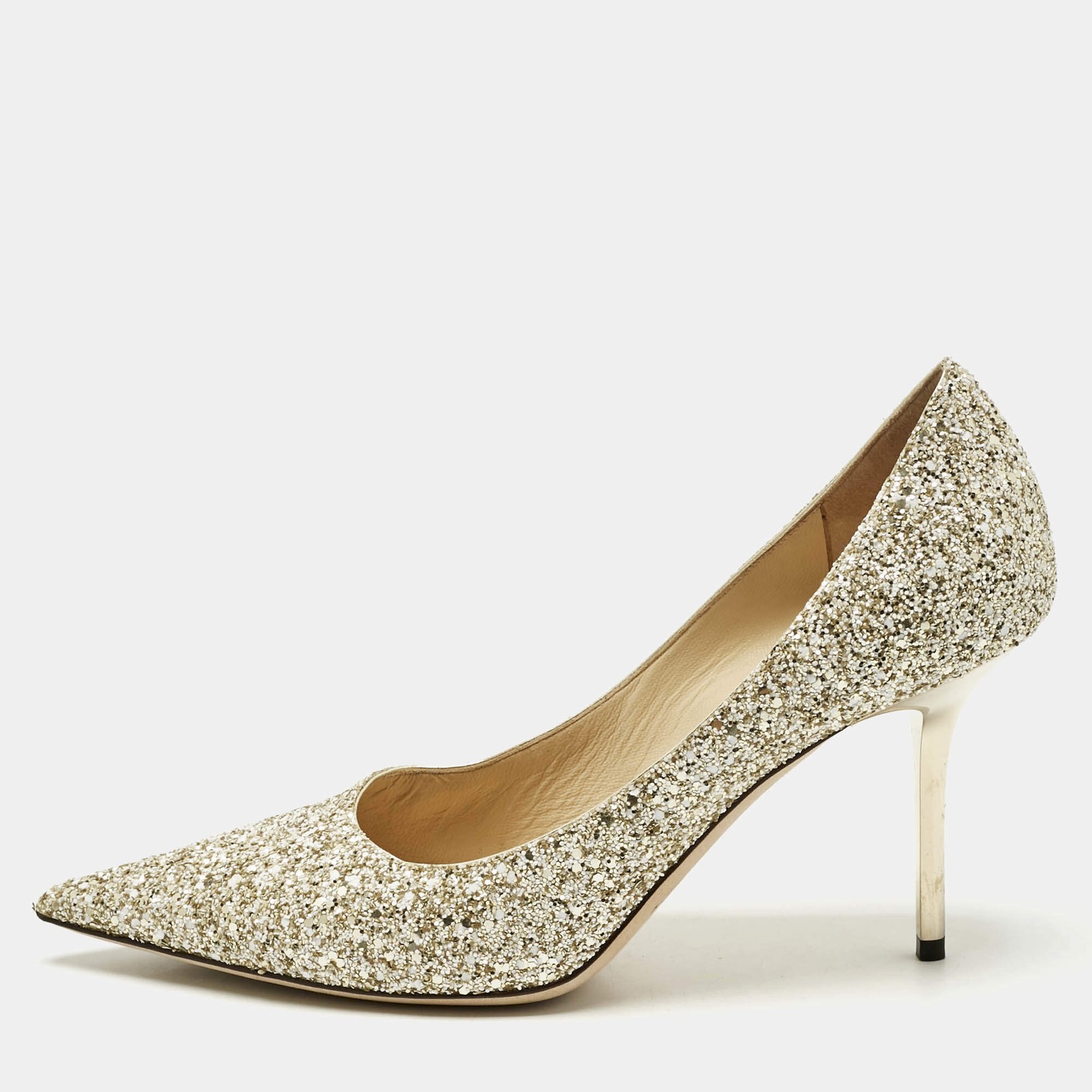 Jimmy Choo GoldWhite Coarse Glitter Romy Pointed Toe Pumps Size 40