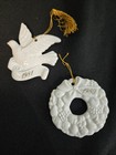 2 Vintage 1980’s Avon White Ceramic Christmas Ornaments Snowflake Dove Wreath 3" — photo 1