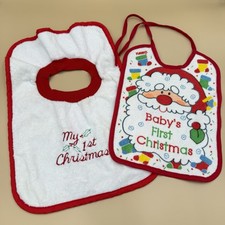 Vintage My First Christmas Baby Feeding Bib Lot Of 2 Santa USA Made 1980s