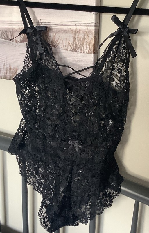 Black Lace Teddie / Bodysuit, Size L  (smaller than labeled size)