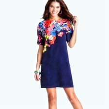 LOFT Navy with Bright Floral Print Shift Dress Knee Length Size M