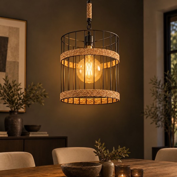 HäNgelampe Pendelleuchte Esszimmerlampe Gitter Design KüChenlampe Hanfseil 145Cm-image