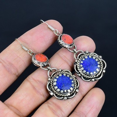 Ethno-Ohrring Lapislazuli rote Koralle 925 Sterlingsilber tibetisch nepalesisch 2,3 Zoll v9