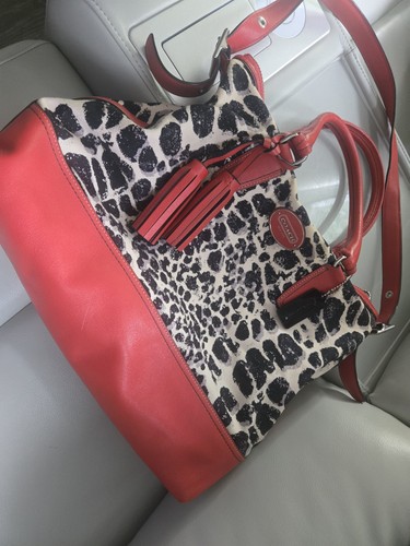 Large COACH Red Cheetah Purse Bag Tote - Picture 2 of 7