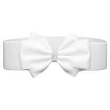 Women's Elastic Bow Belt Wide Rhinestone Stretch Belts Ladies Waist Small White