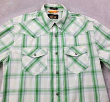 Orvis Trout Bum Button Up Shirt Mens Medium Green Plaid Western Pearl Snap Fish