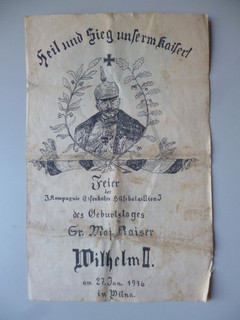 Feier Kaiser W II. 1916 in Wilna 3.Ko. Eisenbahn Bat.3 Festprogramm s.Bilder