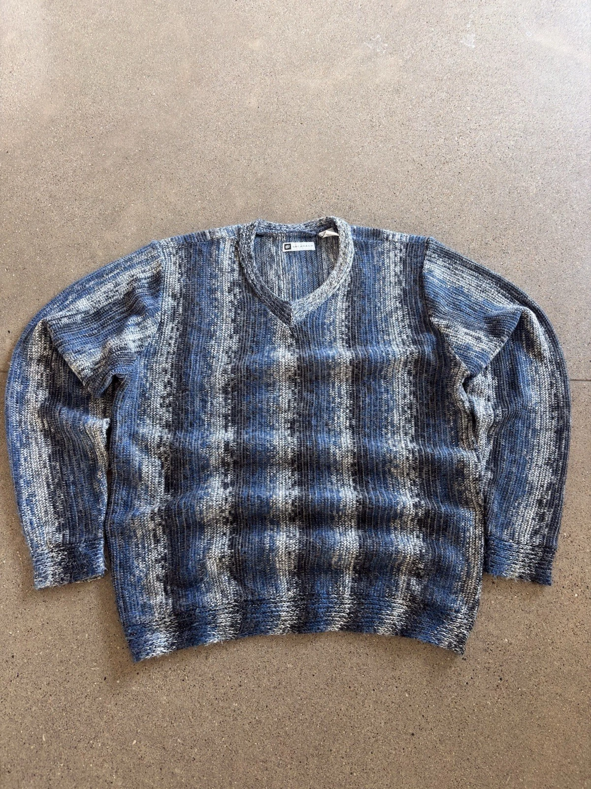 Vintage Bachrach Striped V-Neck Knit Wool Blend Sweater Size L Blue