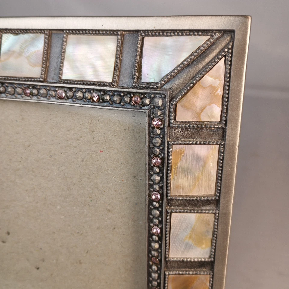 Bevelled Tabletop Frame Mother Of Pearl White Shell Faux Jewels Pewter 5x6 3/4” - Image 4 of 4