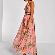 EXPRESS Floral Print Strappy Plunge Tropical Halter-neck Maxi Dress Women's S