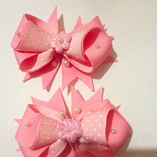 Girls Hair Bow Clip Lot 2 Pink White Polka Dot Ribbon Handmade Flower Pearl