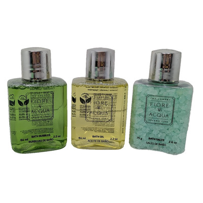 Fiore Acqua Luxury Organic Bath 2.2oz Bubbles 2.2oz Oil 2.6oz Salts Set of 3