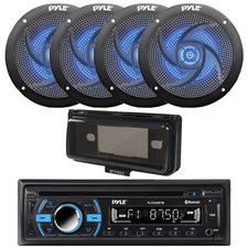 Pyle Marine CD Radio, 4x 5.25" 180W Blue Flash LED Boat Speakers, Cover Black 