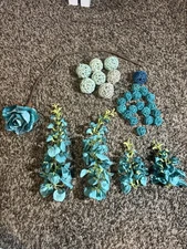 Teal Floral & Rattan Ball Decor Lot – Wedding Centerpiece Craft DIY
