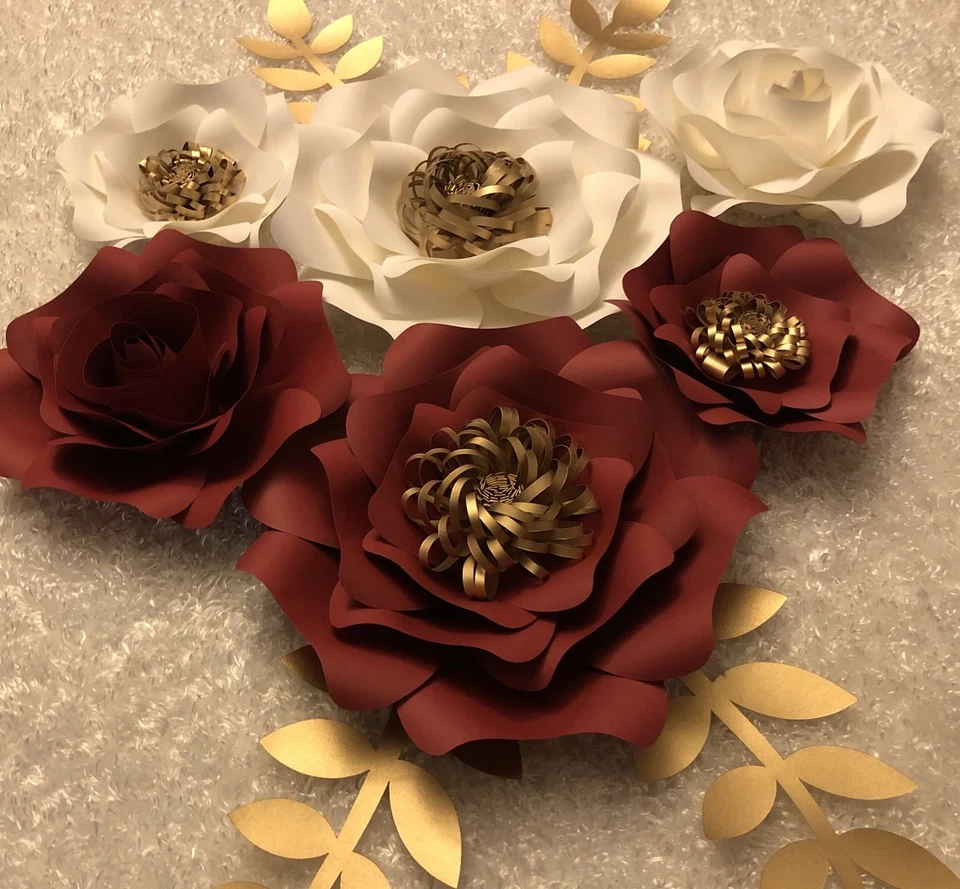 Бумажные цветы набор из 6 с листьями, фон, свадьба, детская, красный, белый, золотой - Изображение 2 из 3