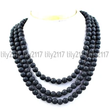 3 Rows Natural 8mm Black Lava Rock Stone Gemstone Round Beads Necklace 17-19''