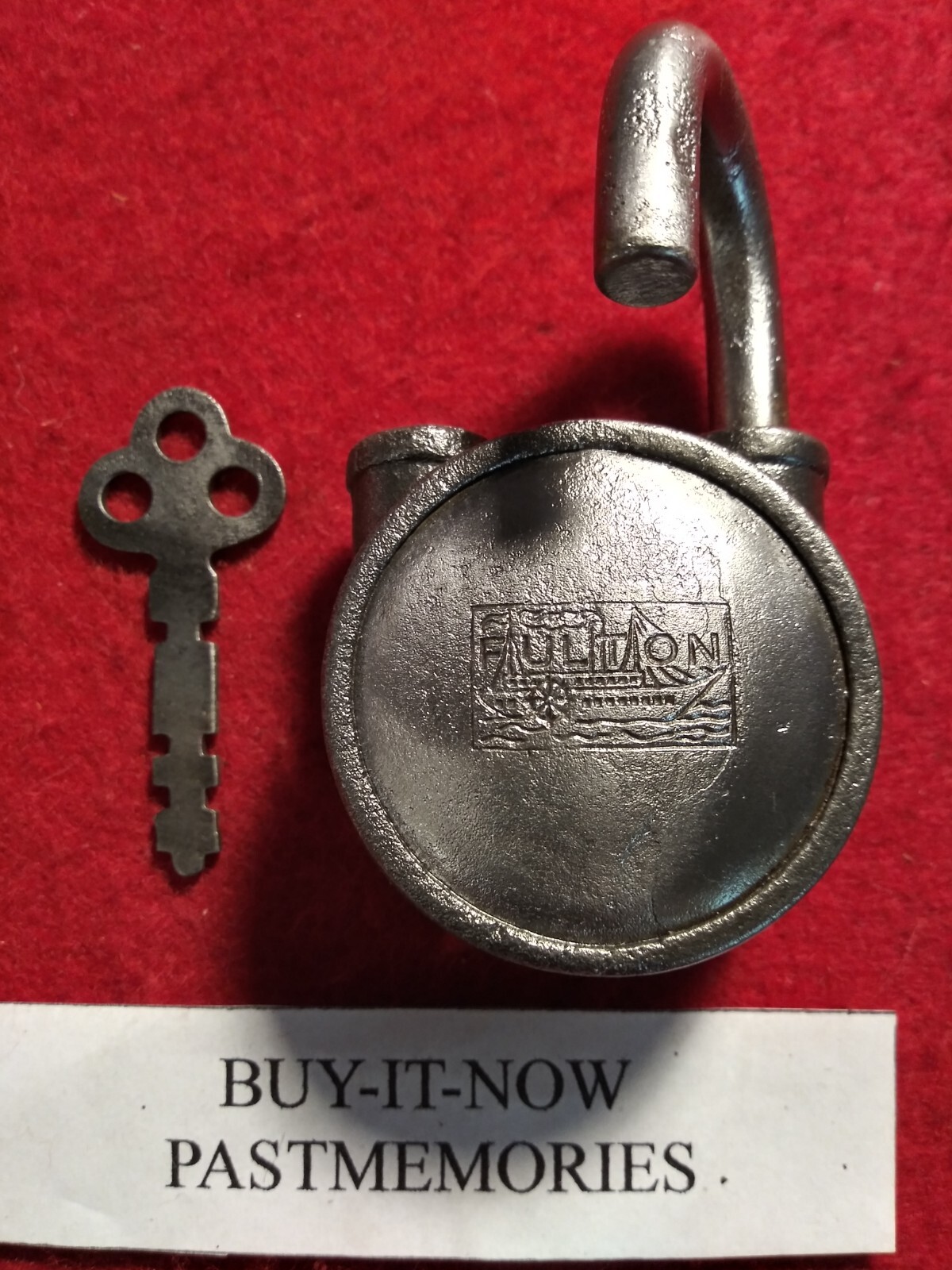 "FULTON" TOOL co CAST IRON WARDED PADLOCK W/KEY, ANTIQUE LOCKS, VINTAGE