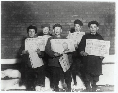 Black and White Photo Boys Selling Newspapers on Street  8x10 Reprint  A-21