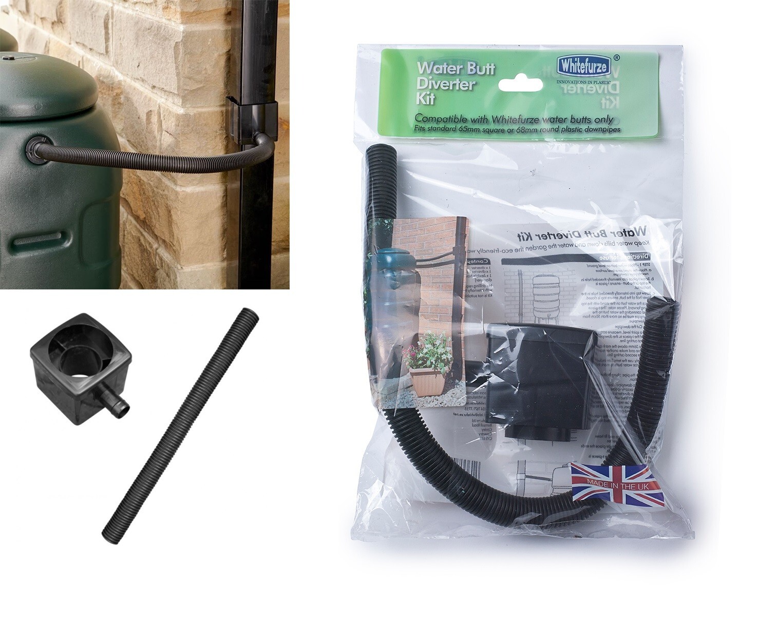 Standard Water Butt Diverter Kit Rainwater With Flexible Hose Downpipe