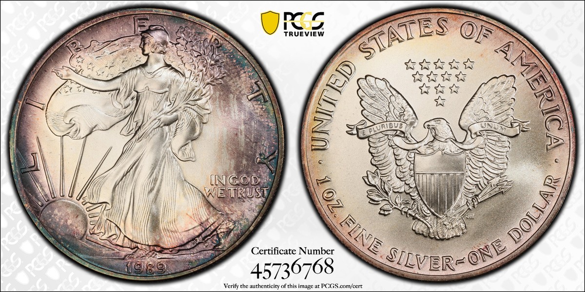 1989年 アメリカンイーグル☆シルバー☆レインボートーン 1989 Rainbow Toned American $1 Silver Eagle 1 oz. Fine 999 PCGS
