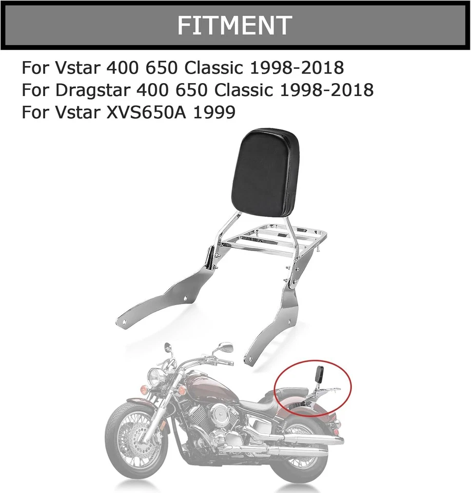 For Yamaha V Star XVS 400 650 Classic 1998-2018 Backrest Sissy Bar Luggage Rack  - Image 3 of 4