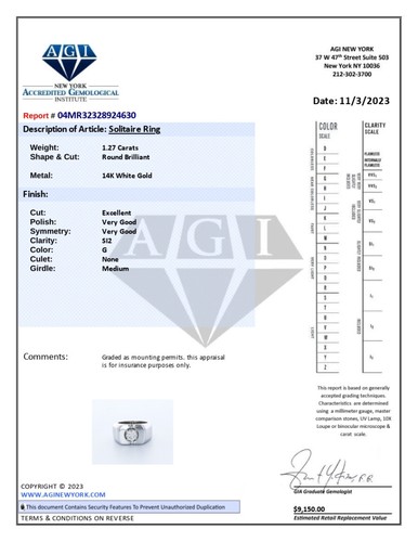 1.3CT NATURAL DIAMOND G/SI2 ROUND CUT 14K WHITE GOLD WIDE BAND SOLITAIRE RING - Picture 5 of 7