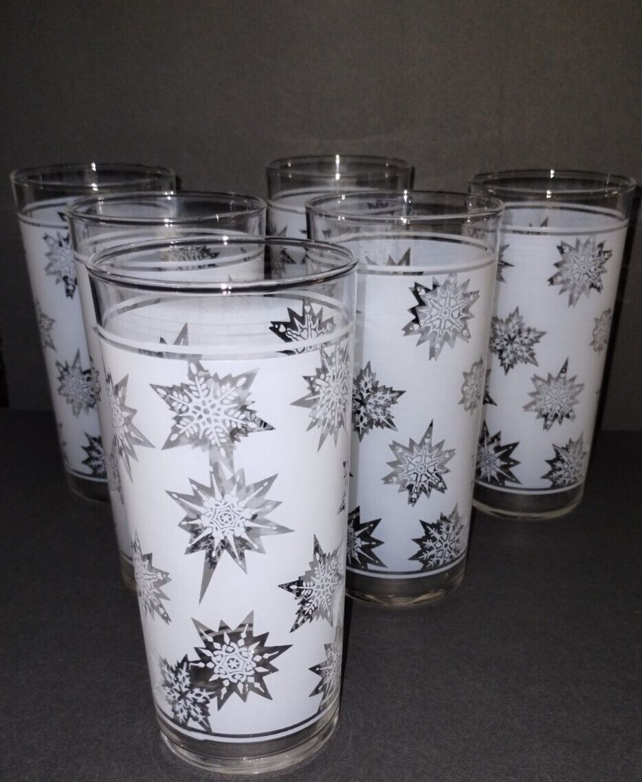 Set of 6 - Vintage Federal Glass Frosted Atomic Snowflake Glasses - Tom Collins