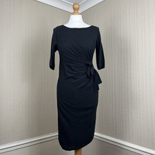 Phase Eight Wool Blend Black Ruched Side Tie Wrap Dress 3/4 Sleeves UK 10
