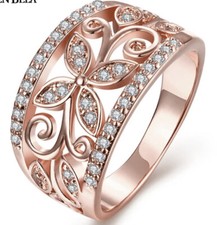 Womens Rose Gold Plated Floral Ring Crystal Quality Feminine Romantic Flower 7