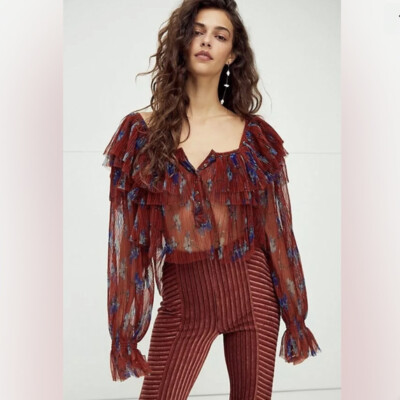 FREE PEOPLE Frills And Thrills Top CRINKLY PRINTED RUFFLED Blouse S
