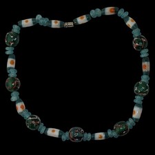 Handcrafted Blue Glass Beaded Necklace With Swirled Green And White Accents