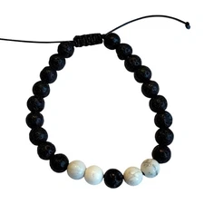 Lava Rock Howlite Bead Bracelet 7-9" Adjustable Unisex Black White, Gift Bag