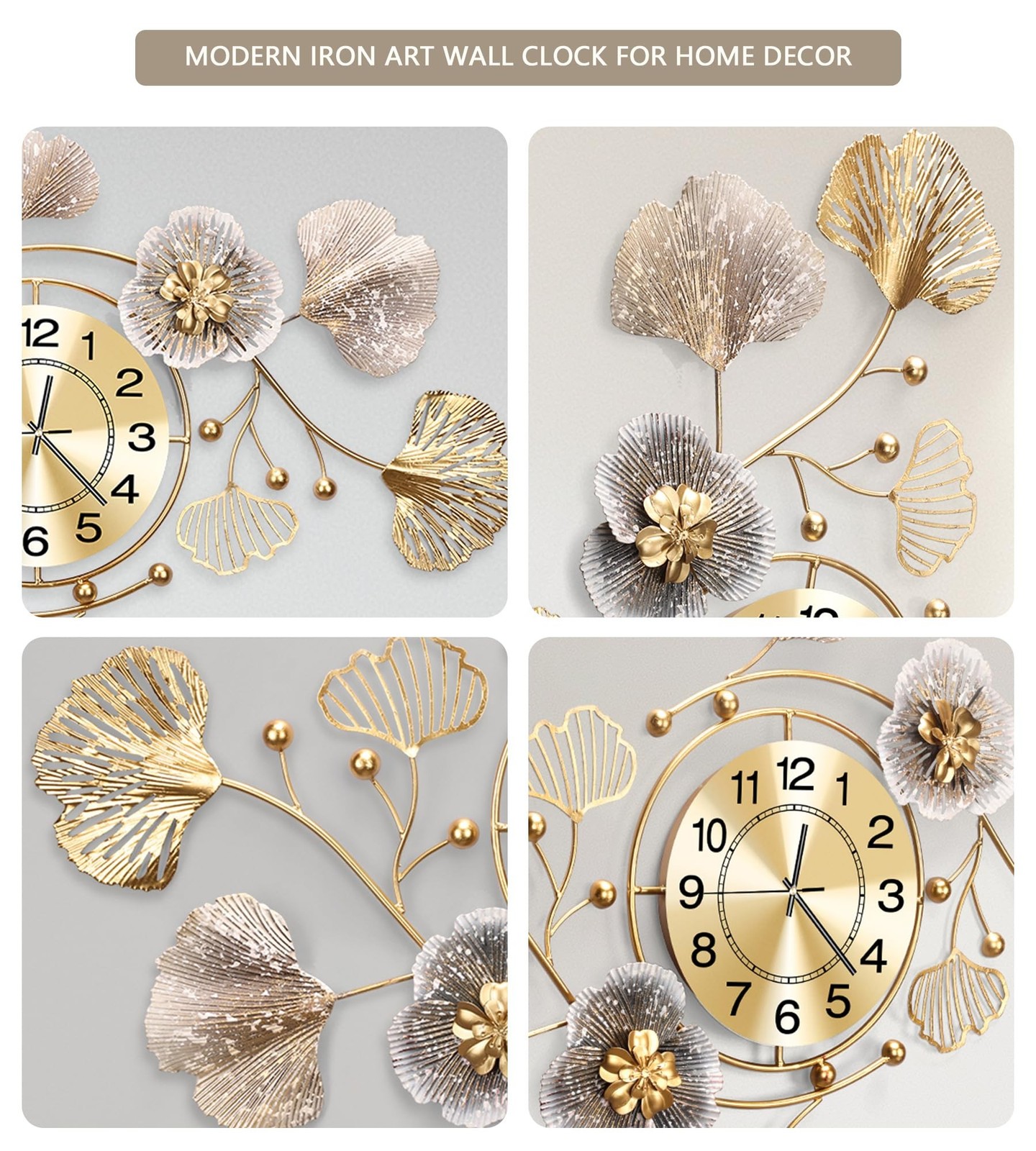 Clocks for Living Room, Large Wall Clock, 3D Silent Wall Clock, Retro Metal G...